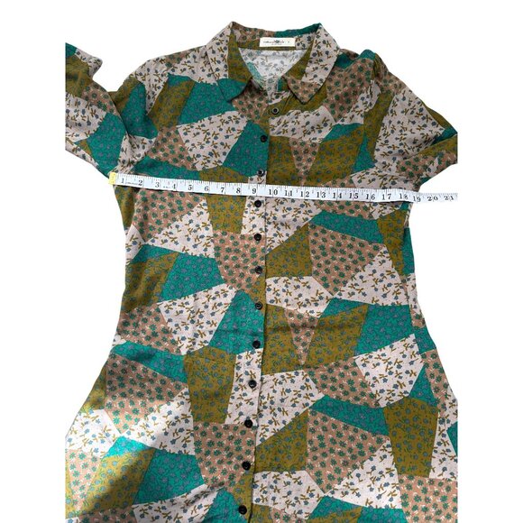 Natural Life Womens Mini Shirt Dress Tunic Button Up Patchwork Green Tan Size S - Picture 5 of 7
